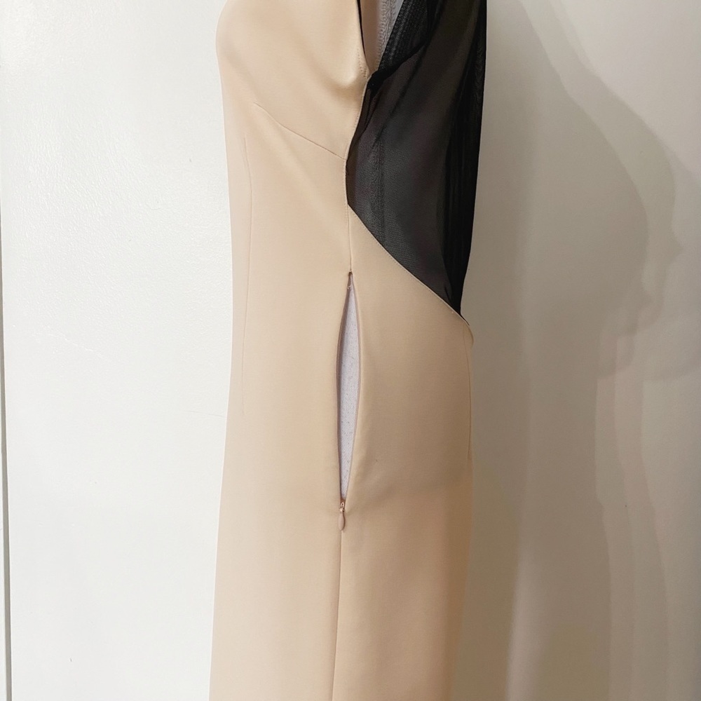 BABYLON COLLECTION CREAM BLACK CINCHED RUFFLE SHEER MESH MIDI FORMAL DRESS - L - Picture 6 of 11